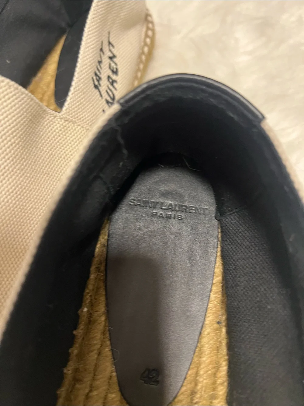 Saint Laurent Cream Canvas Espadrille Slip-Ons with Black Heel Tab